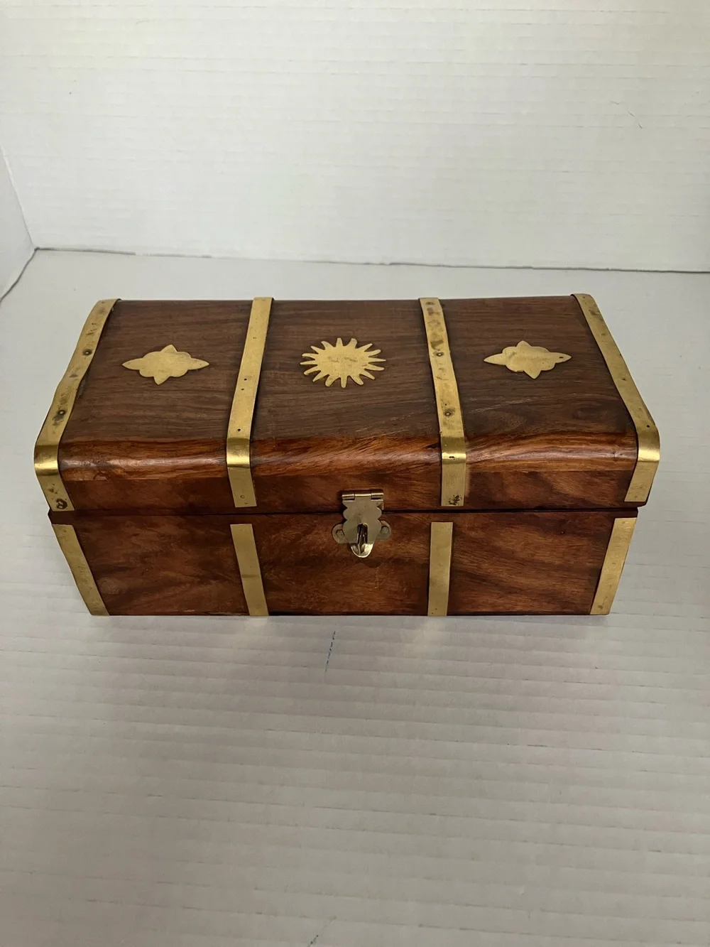 Vintage Wood and Brass Decorative Treasure Box - Sun Motif 8x4x3.5” India